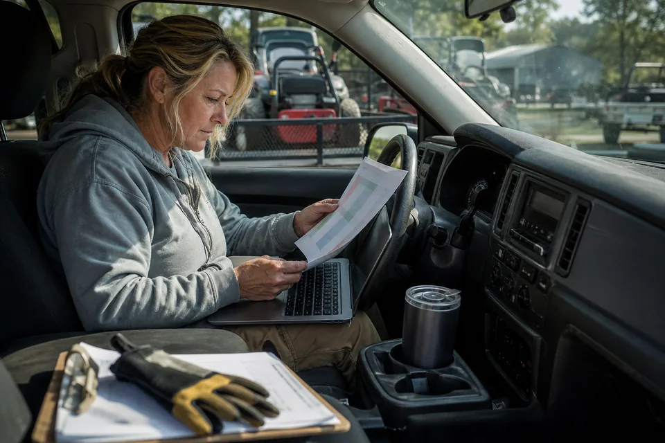 A small business owner reading a valuation printout on a laptop in the cab of her work truck