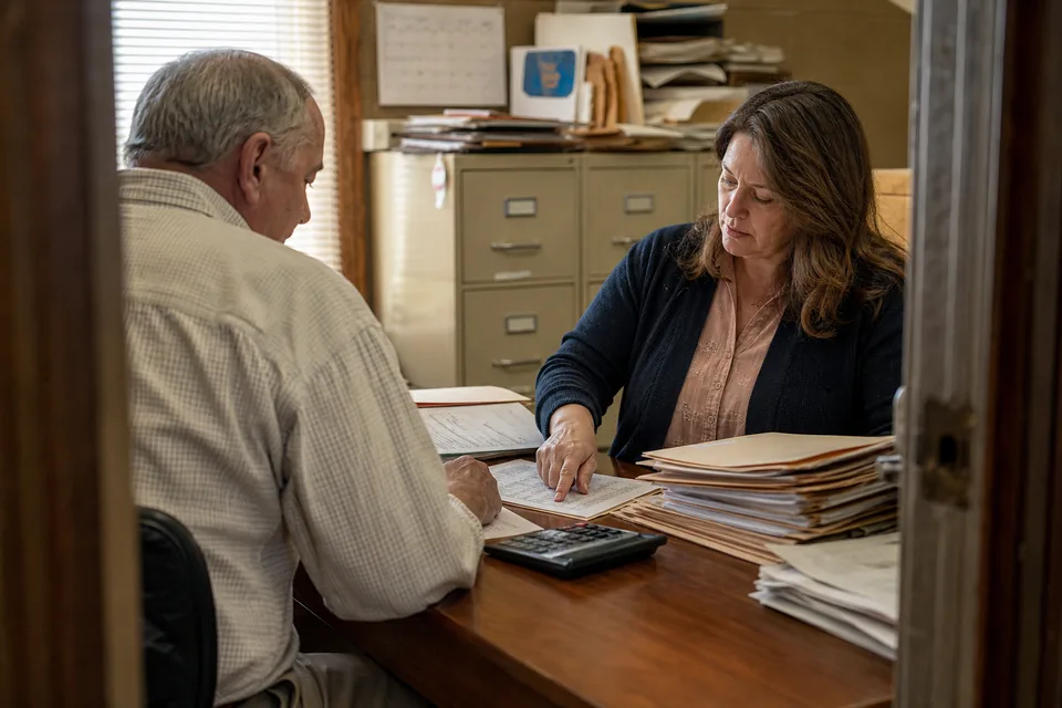 A business owner and a buyer going over a seller note payment schedule across a desk in the back office
