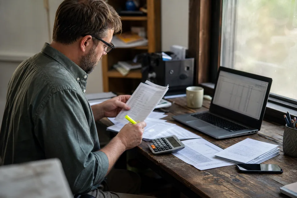 A business buyer comparing tax returns with a listing’s cash flow figure at a desk