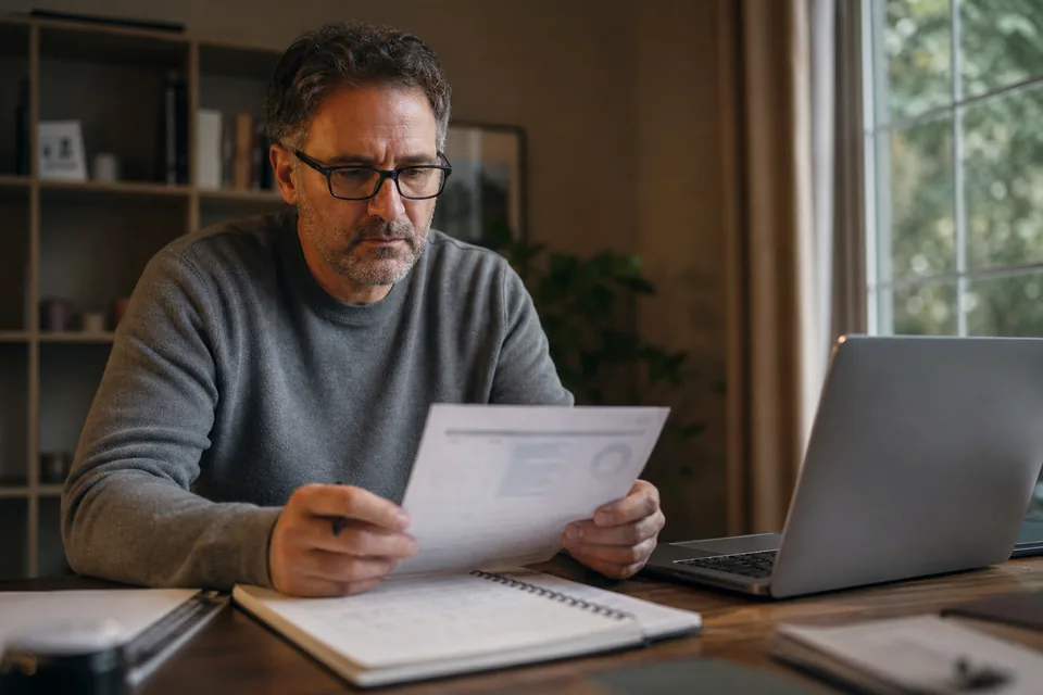 A prospective business buyer reviewing a seller's financial statements at a home office desk