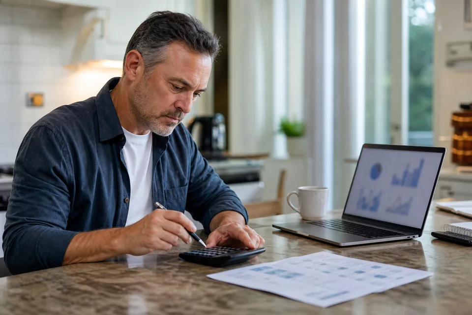 An online business owner working out marketplace fees on a calculator next to a laptop