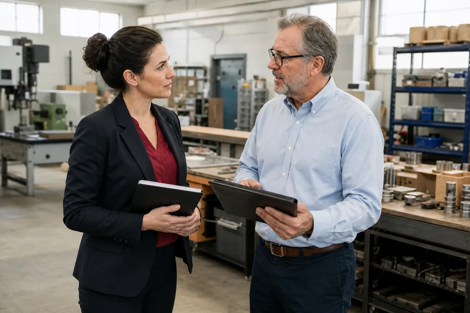 A new business owner meeting an SBA loan officer in a small manufacturing shop they are buying