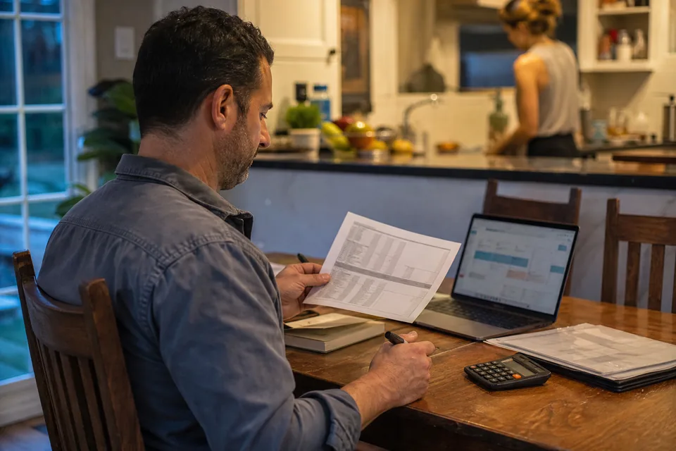 A first-time business buyer reviewing an acquisition financing term sheet at a kitchen table