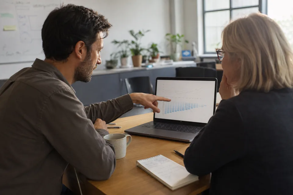 A software founder walking a buyer through a monthly recurring revenue chart on a laptop in a small office