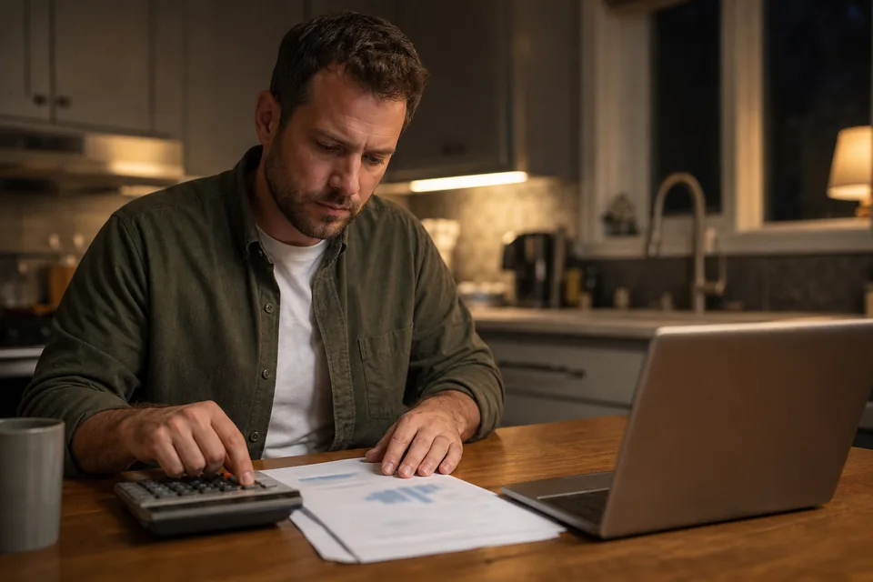 A business buyer checking a loan payment schedule with a calculator at a kitchen table