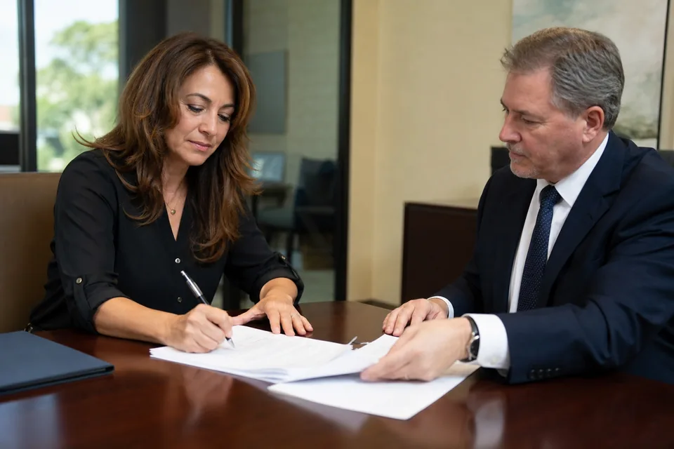 A business buyer signing SBA loan closing documents with a bank officer