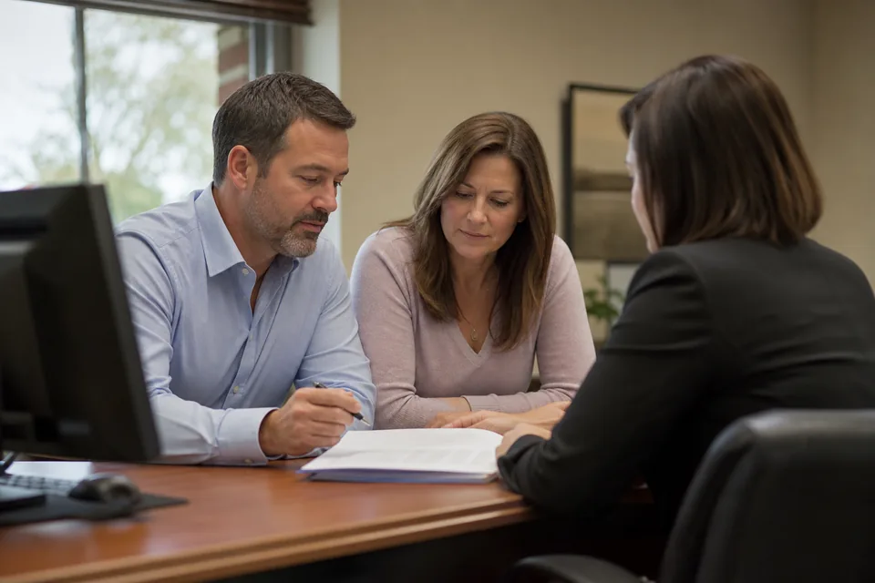 A business buyer and spouse reviewing loan guarantee paperwork with a lender at a bank office desk