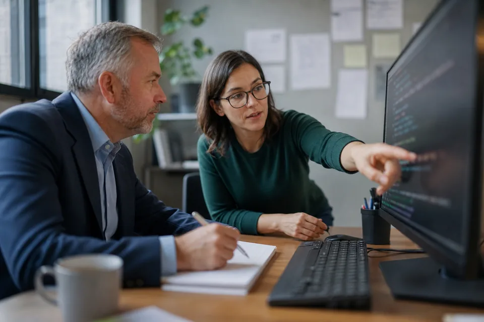 A software engineer and a business buyer reviewing a codebase together on two monitors in a small office