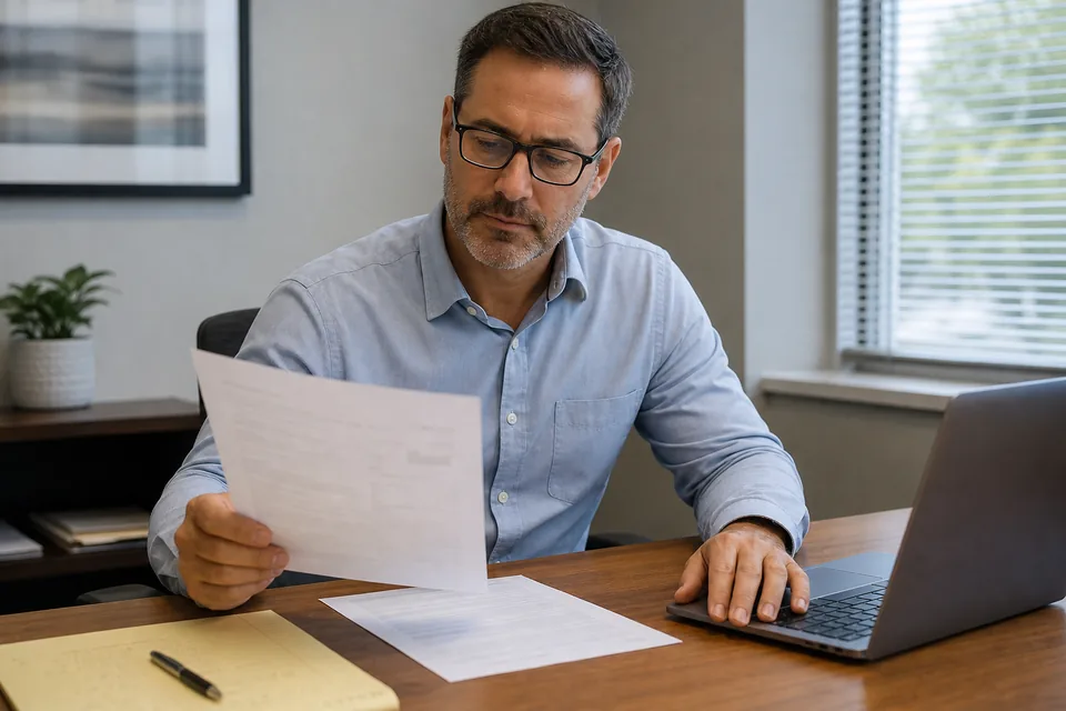 A business buyer comparing SBA loan term sheets from two lenders at a desk